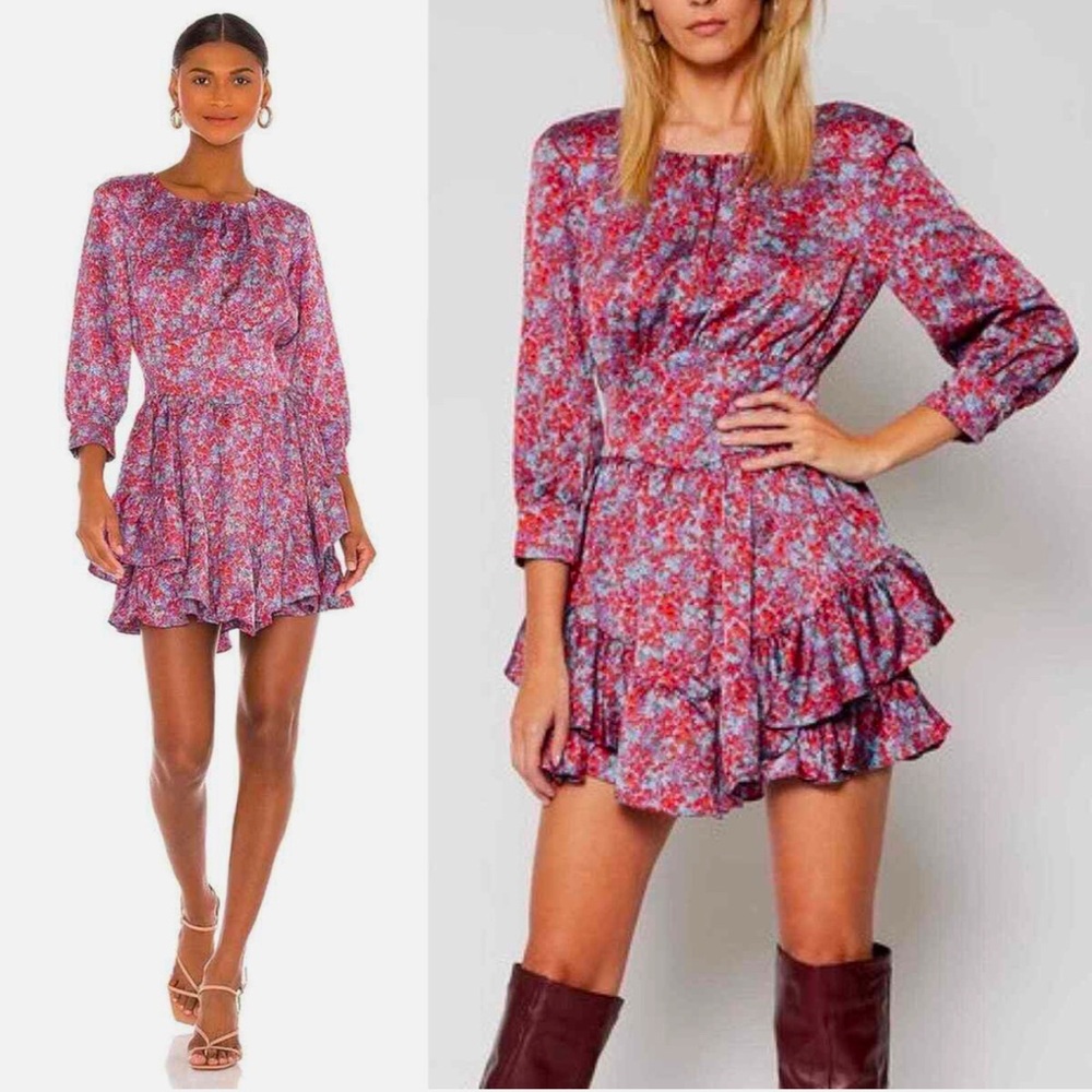 FOR LOVE AND LEMONS Shiloh Red Purple Floral
Bloom Ruffle Mini Dress Size Small